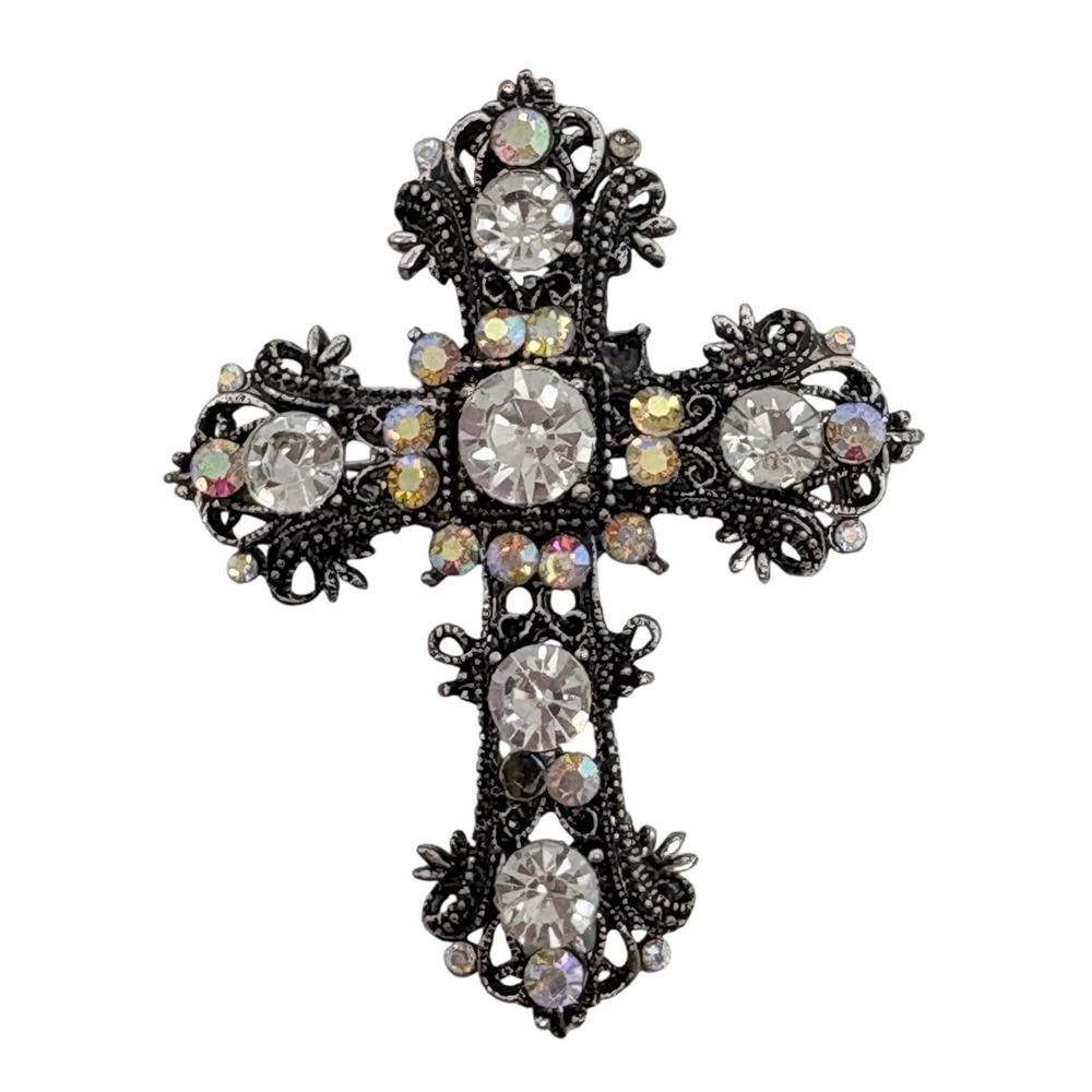 Gothic Cross Brooch Pendant Antiqued Silver Tone AB Crystal Rhinestone Filigree